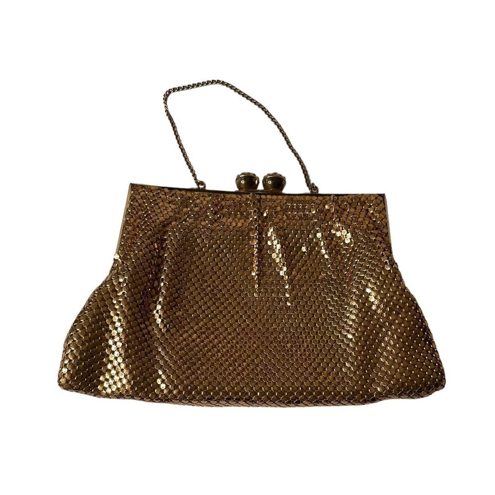 Vintage Gold Mesh Evening Cocktail Bag Purse Hollywood Glam Rhinestone Kiss lock